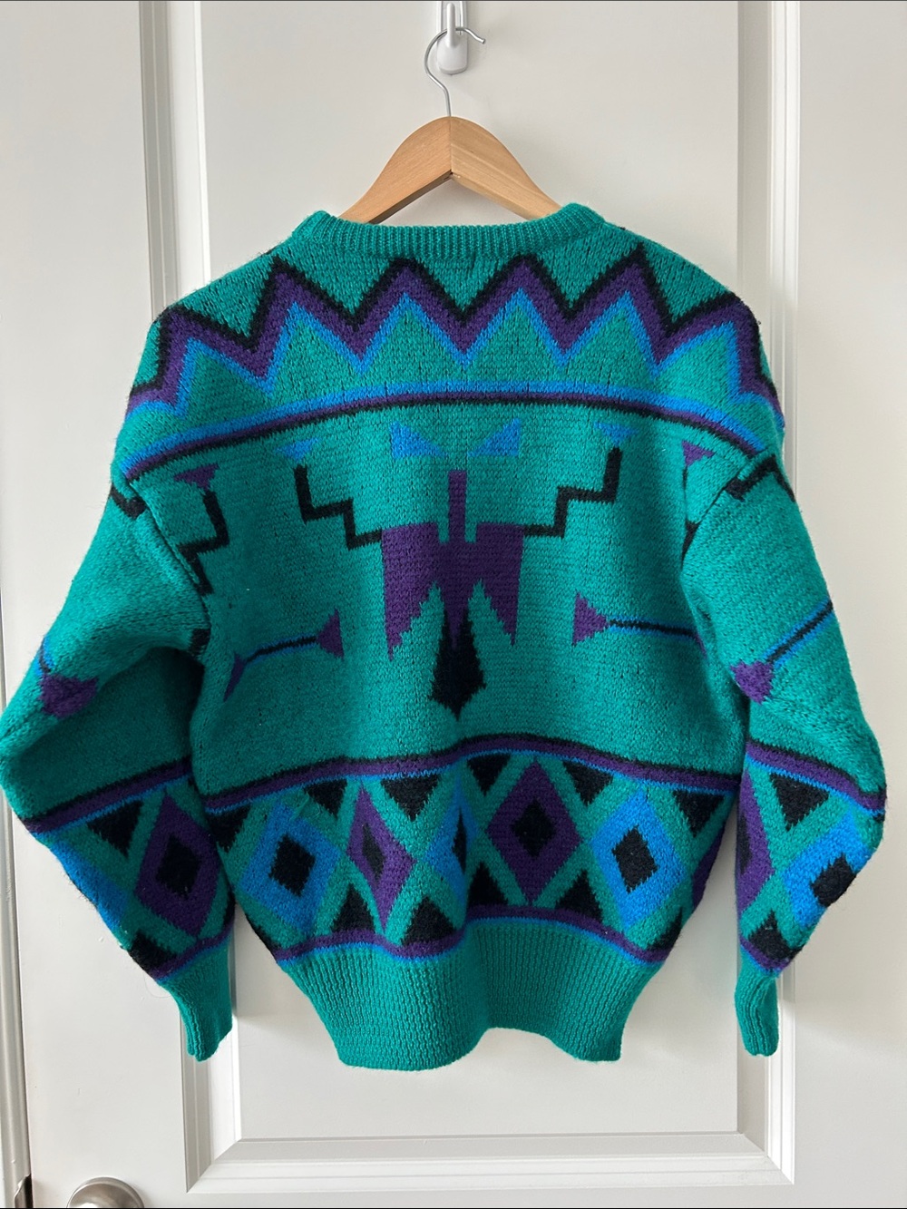 Vintage 90s Wailer Wool Geometric Ski Sweater Teal Purple Abstract Knit M - Picture 4 of 5